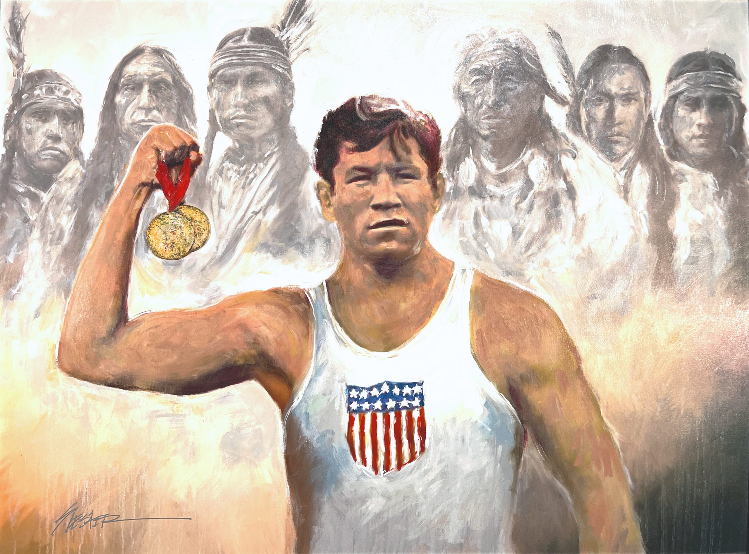 Native American Warrior by Steven Lester, depicting Jim Thorpe holding a gold medal.